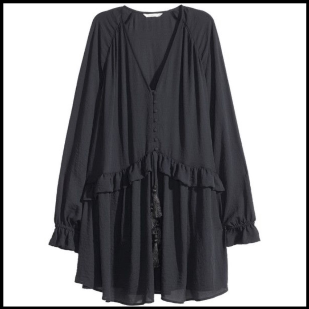 H & M black V neck crepe tassel dress 14